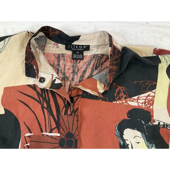 CITRON SANTA MONICA Asian Print Women's Top Snap Shirt Large Silk Linen 90’s Art - Picture 6 of 9